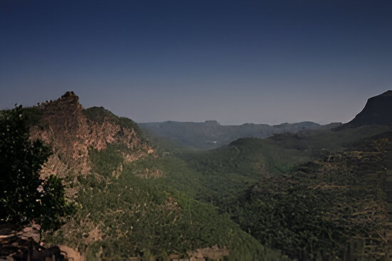 Lush green landscape of Priyadarshini Hills surrounded by misty mountains